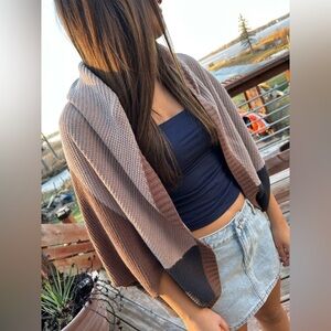 Sand/blue/brown Colorblock Dolman Sleeve Cocoon Cardigan one size shall